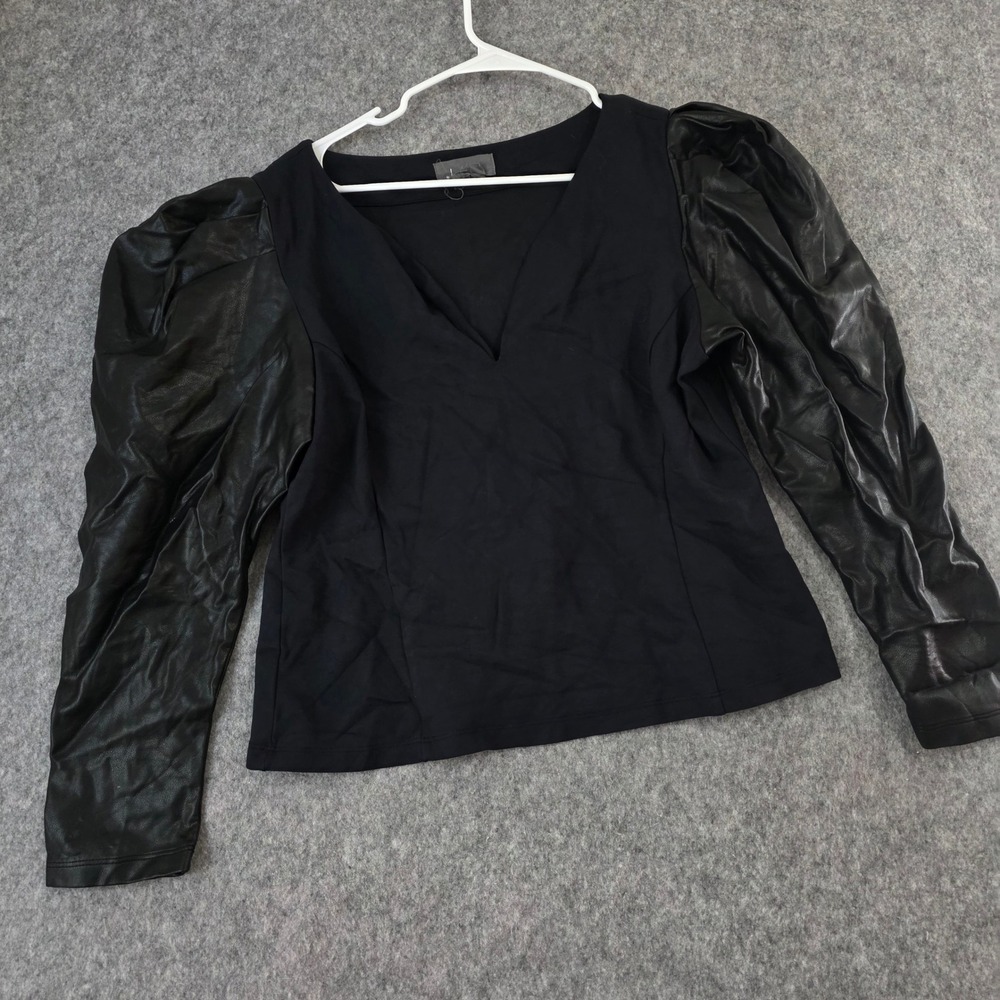 Anthropologie Mixed Media Top Black Faux Leather Puff Sleeve V-Neck Blouse XL